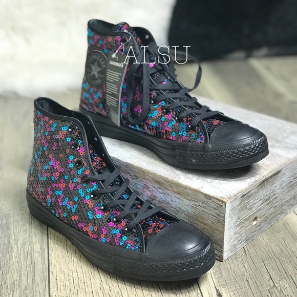 Converse Ctas Hi Sequins Black Blue Cherry🍒 W - Picture 3 of 7